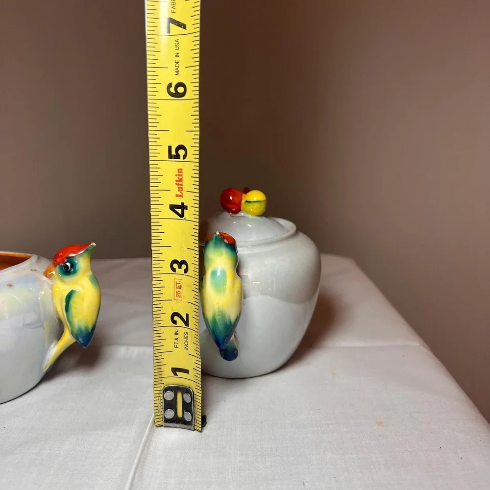 VTG  Lustreware Colorful Bird Cream & Sugar Set Japan Iridescent porcelain china